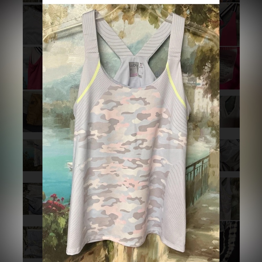 Lucky in Love Women’s Size Medium Camouflage Tank Top - Gray, Pink, and Yellow